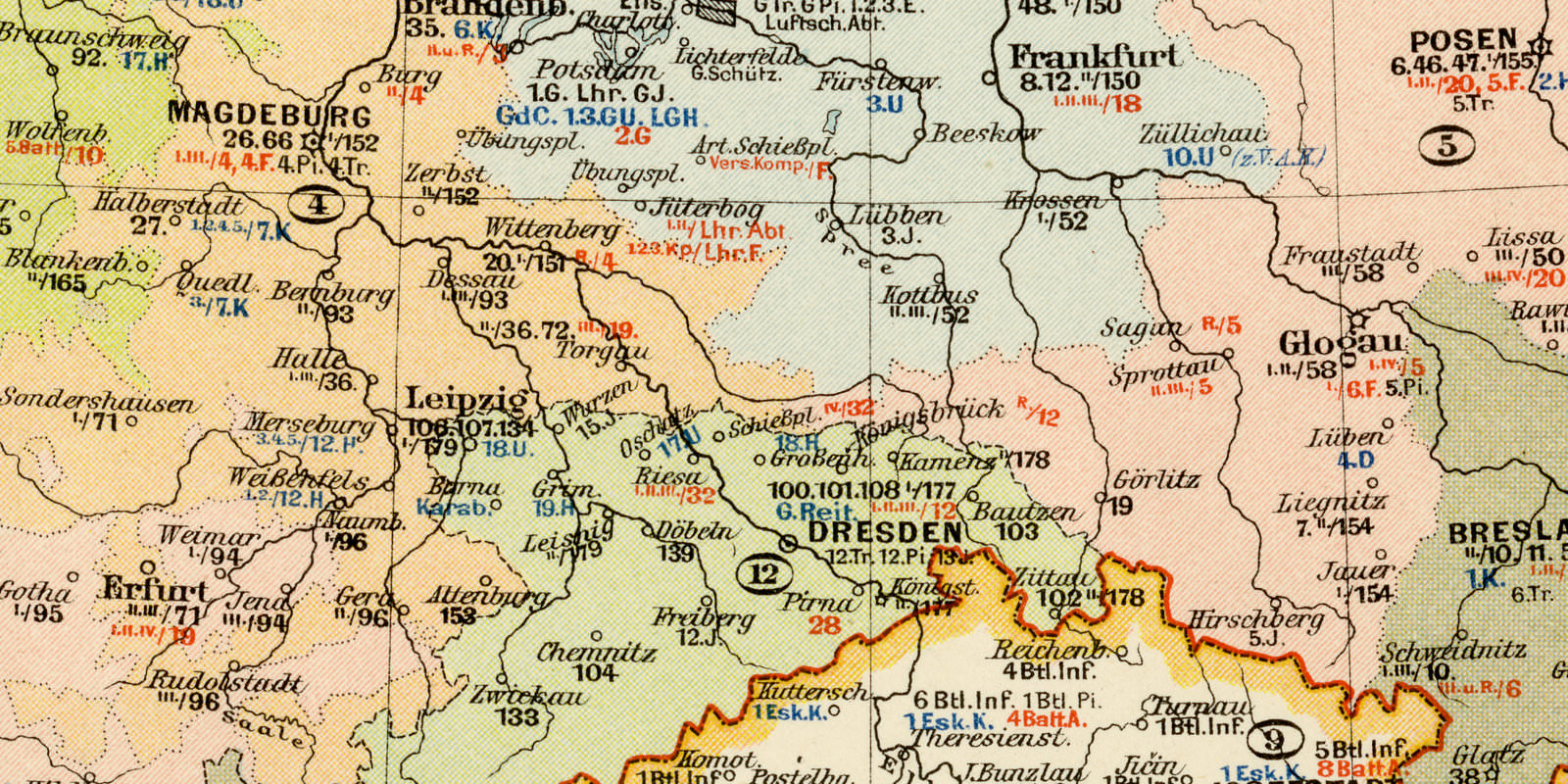 Garnisonskarte von Mitteleuropa ca 1893 historische Karte Lithographie