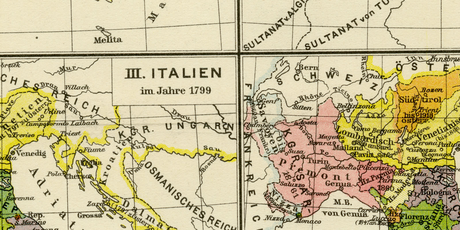 Italien Geschichte ca 1927 historische Karte Lithographie