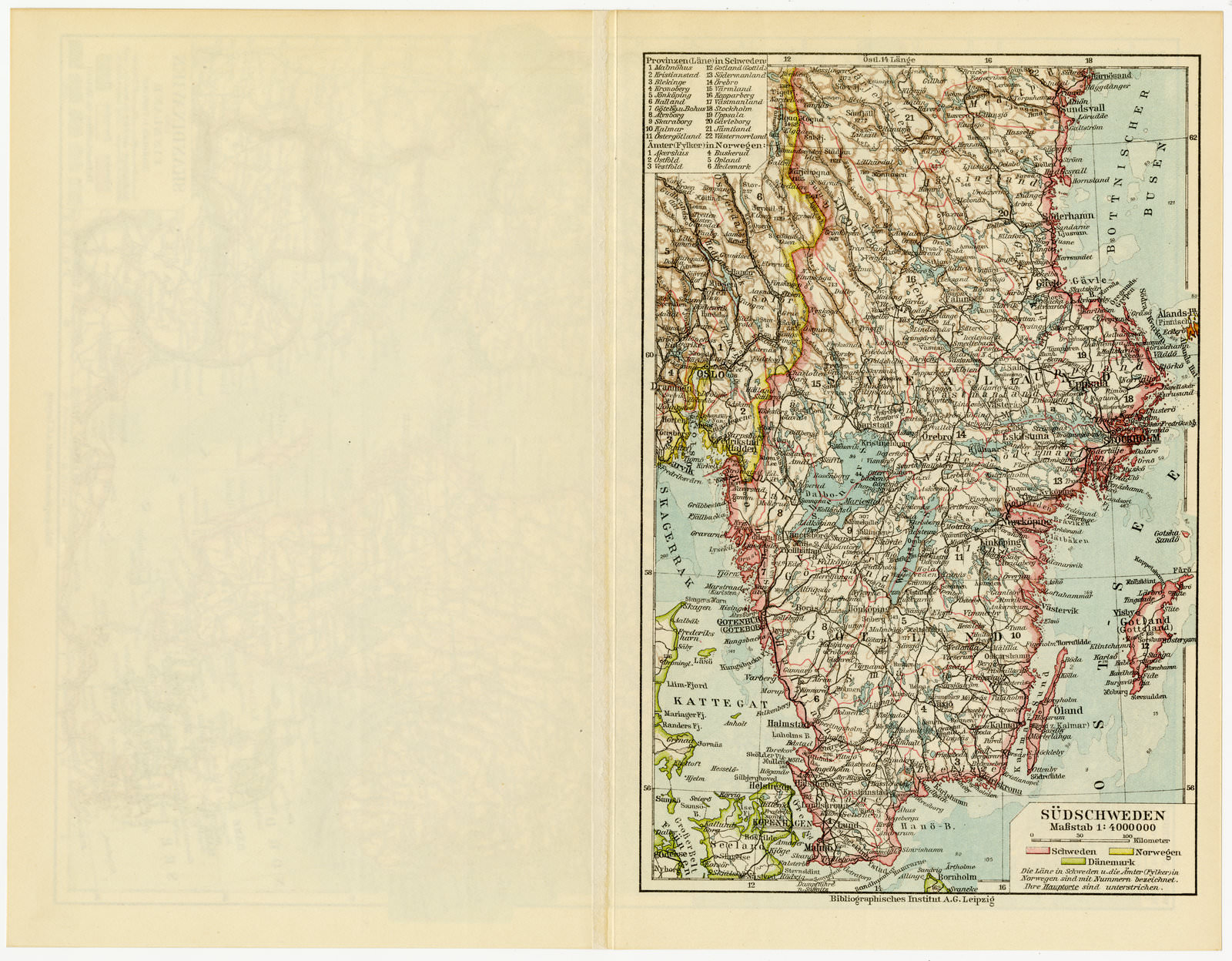 Skandinavien und Finnland - Südschweden ca 1929 historische Karte Lithographie