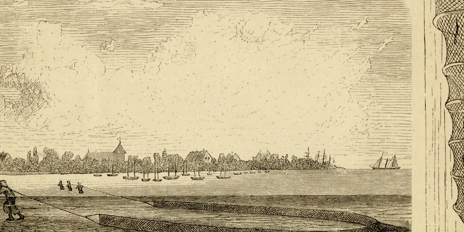 Netzfischerei ca 1883 historische Grafik Holzstich