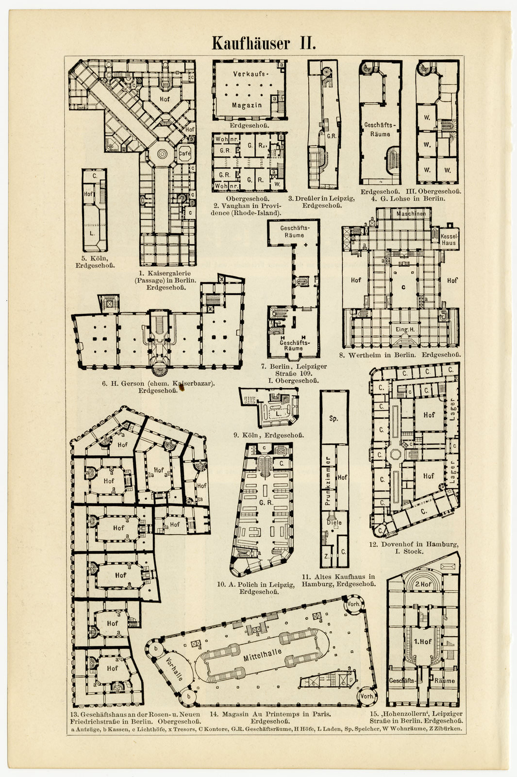 Kaufhäuser I - II ca 1899 historische Bildtafel Holzstich
