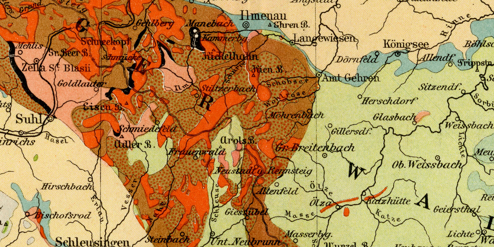Geologische Karte von Thüringen ca 1897 historische Karte Lithographie