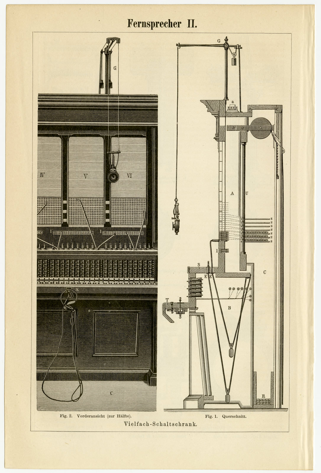 Fernsprecher I - II ca 1894 historische Bildtafel Holzstich