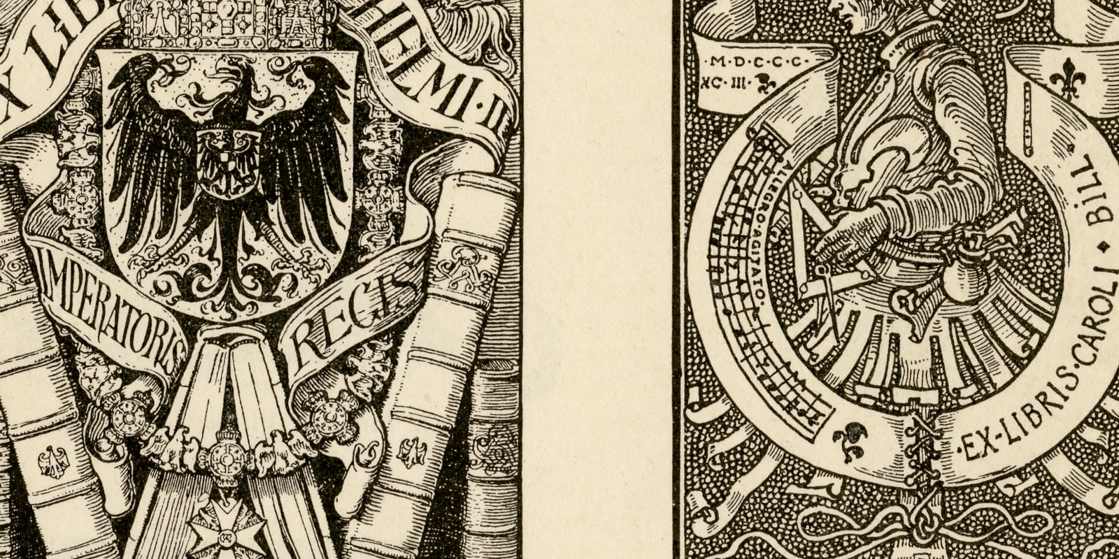 Bücherzeichen I - II ca 1900 historische Bildtafel Holzstich