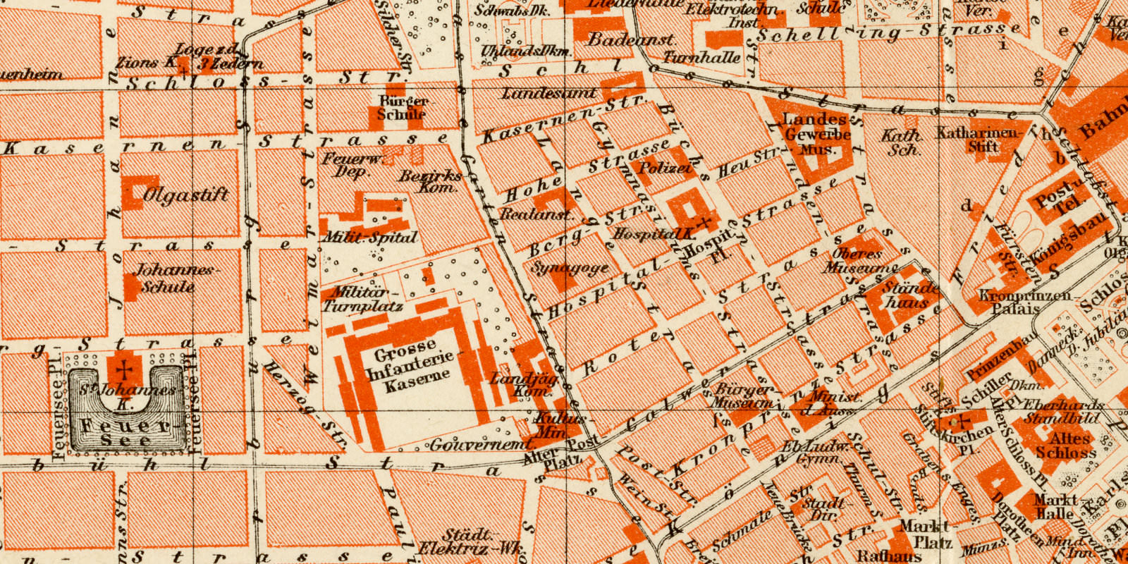 Stuttgart ca 1897 historischer Stadtplan Lithographie