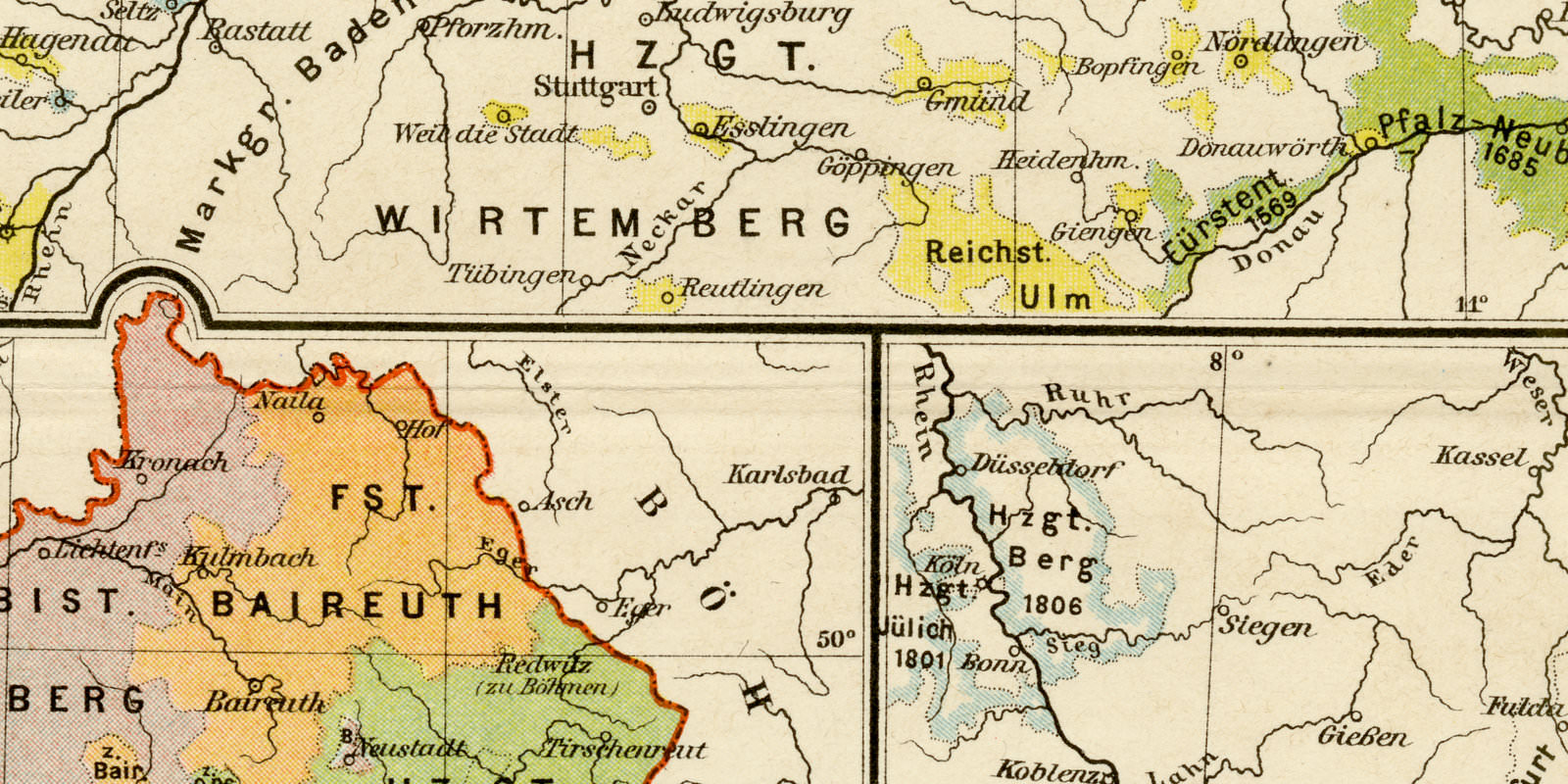Bayern und Kurpfalz Geschichte ca 1893 historische Karte Lithographie