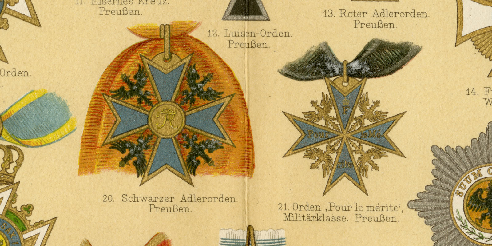 Orden I Deutsche Staaten ca 1896 historische Bildtafel Chromolithographie