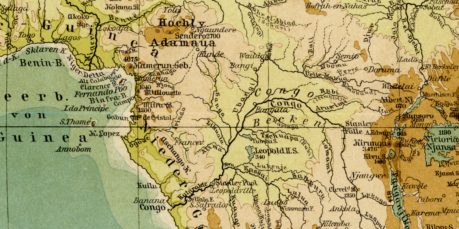 Afrika Fluß- und Gebirgssysteme ca 1901 historische Karte Lithographie