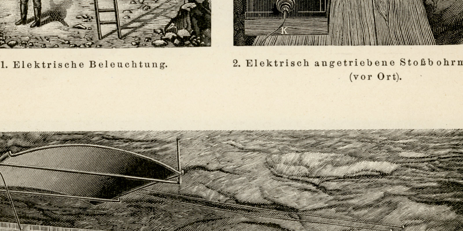 Elektrischer Betrieb im Bergbau I - II ca 1898 historische Bildtafel Holzstich