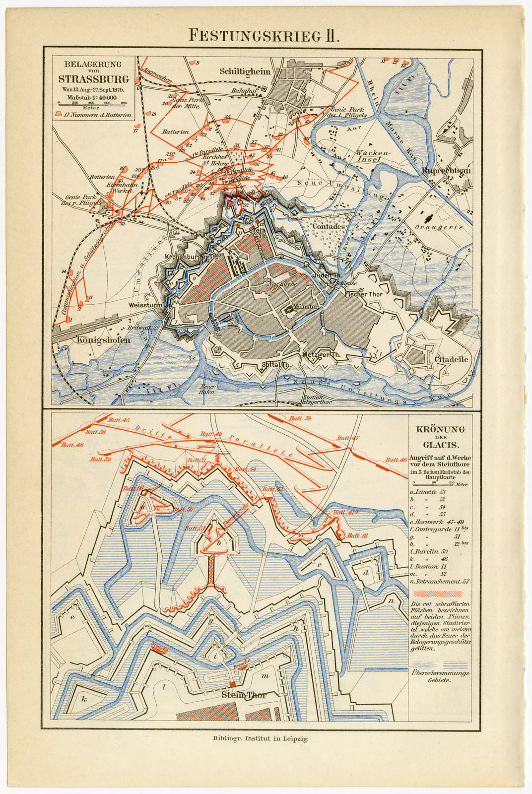 Festungskrieg I - II ca 1894 historische Karte Lithographie