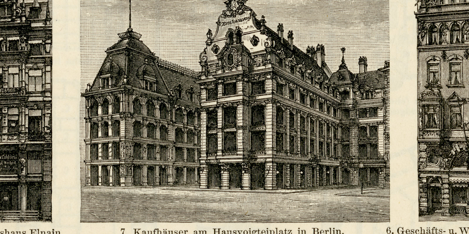Kaufhäuser I - II ca 1899 historische Bildtafel Holzstich