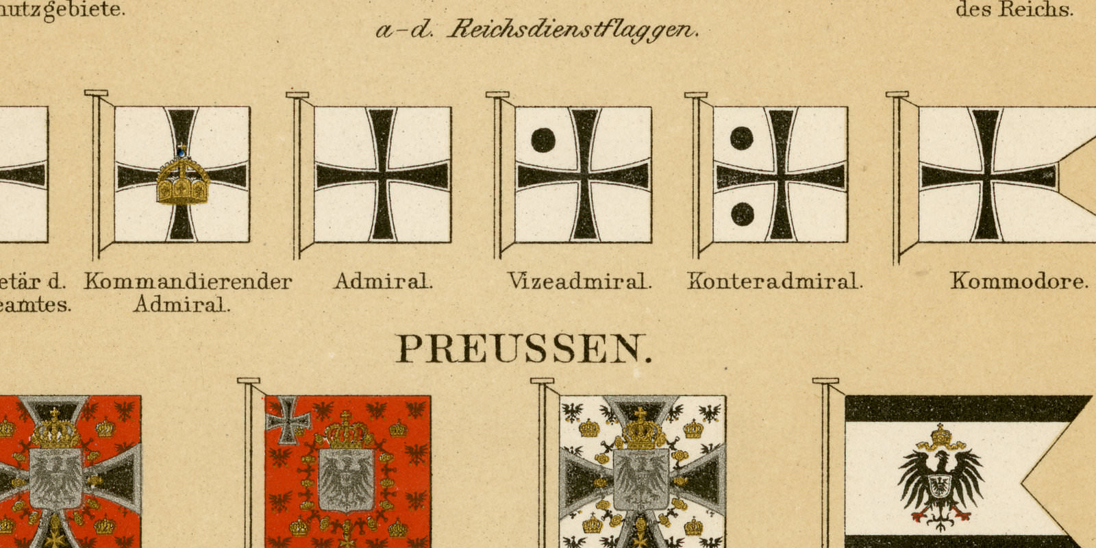 Deutsche Flaggen ca 1893 historische Bildtafel Chromolithographie