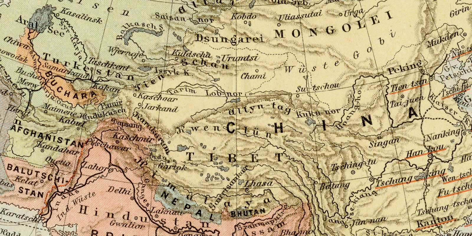 Asien politische Übersicht ca 1899 historische Karte Lithographie