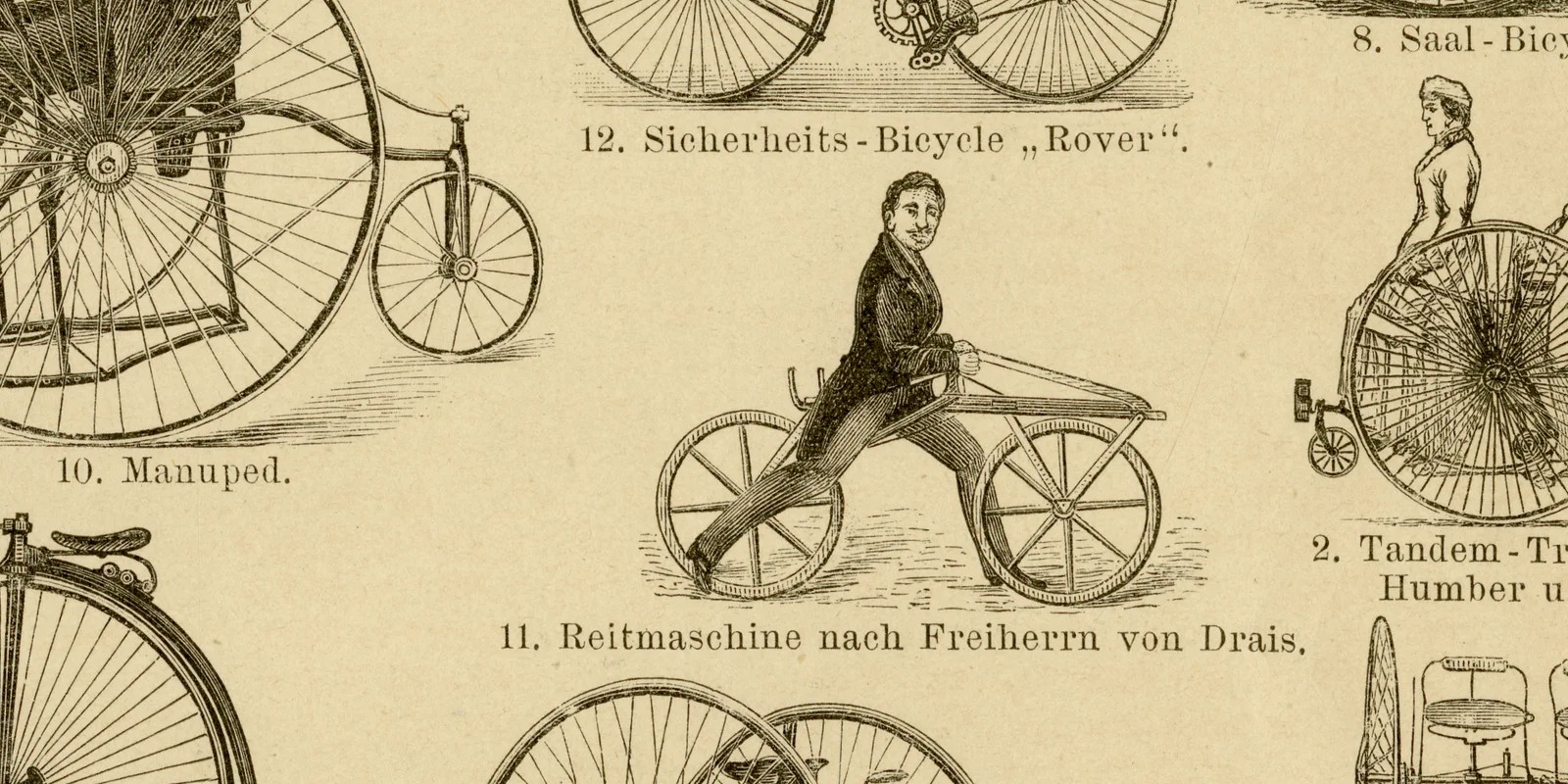 Velocipede ca 1886 historische Grafik Holzstich