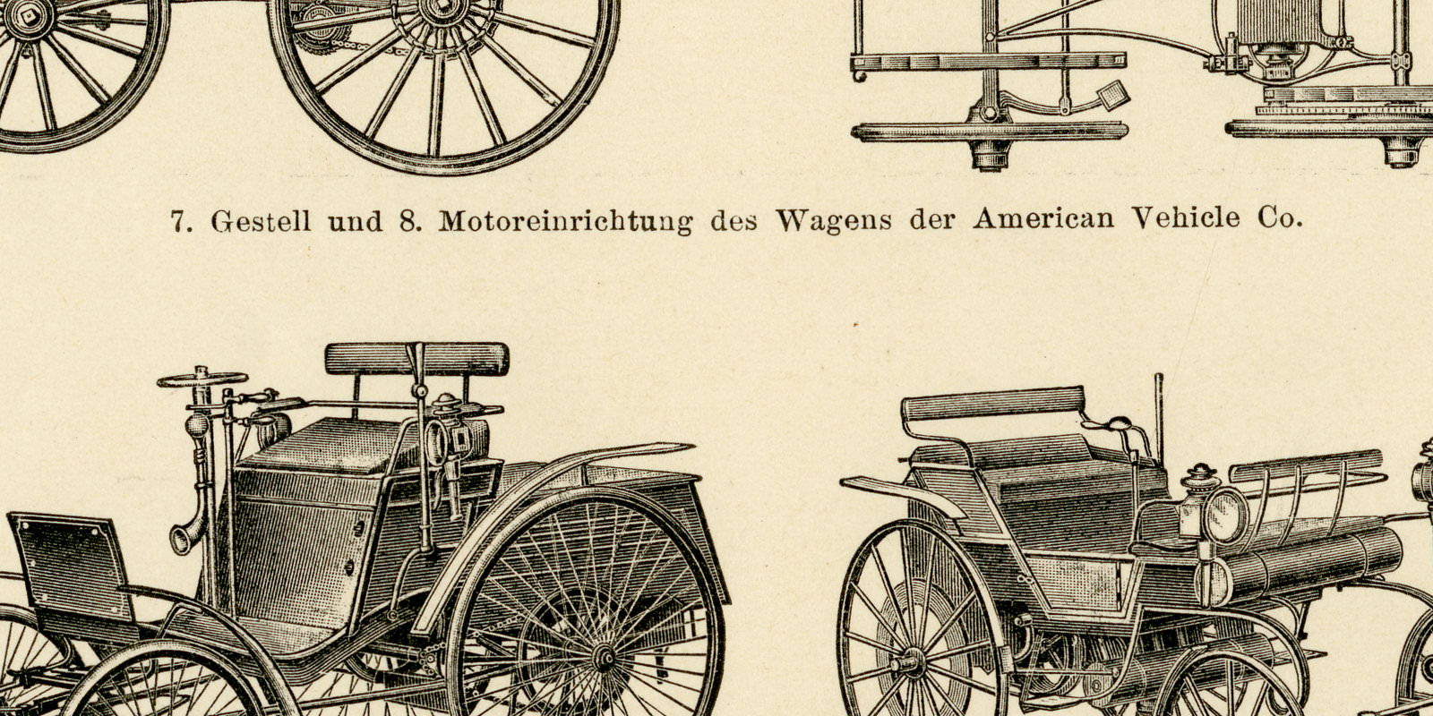 Motorwagen ca 1898 historische Bildtafel Holzstich
