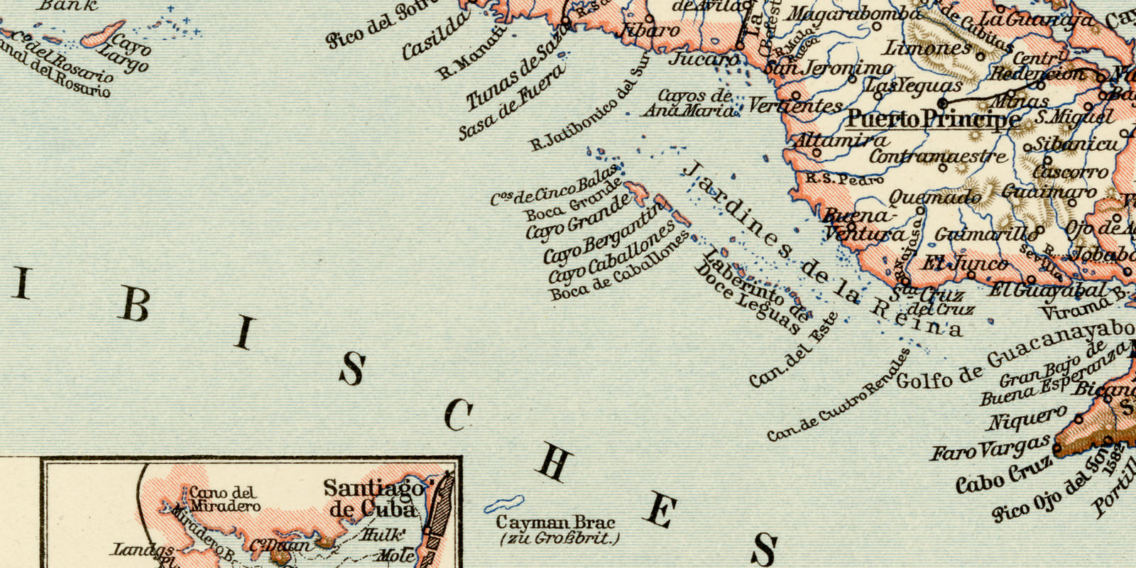 Cuba ca 1899 historische Karte Lithographie