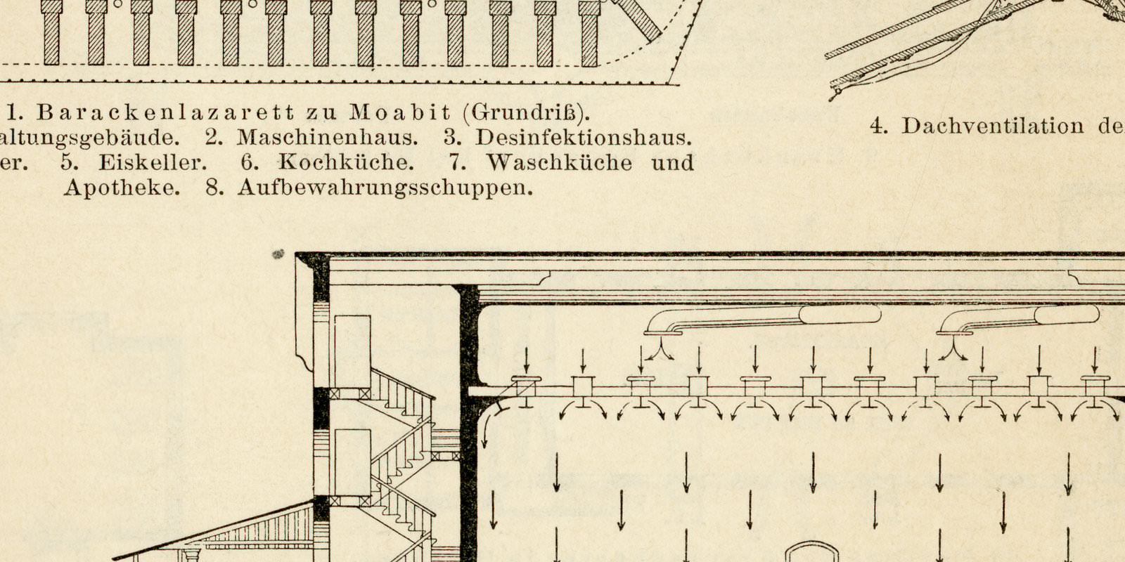 Krankenhäuser I - II ca 1895 historische Bildtafel Holzstich