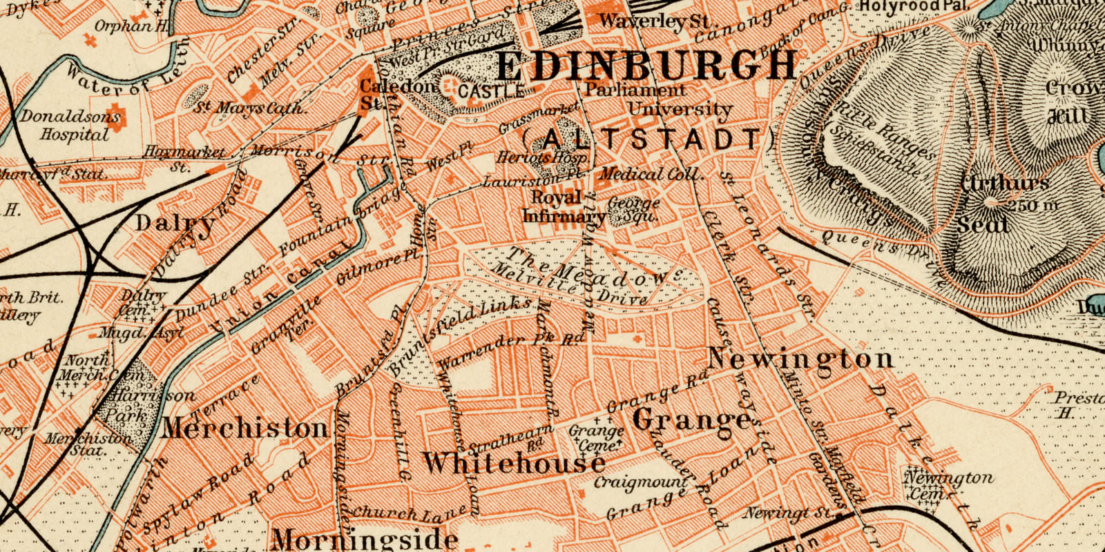 Edinburgh ca 1893 historischer Stadtplan Lithographie