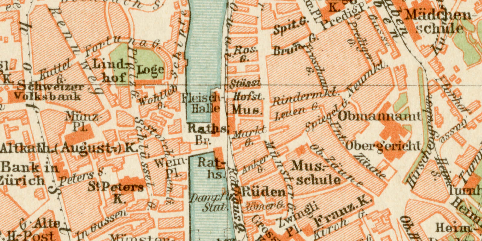 Zürich historischer Stadtplan Karte Lithographie ca 1899