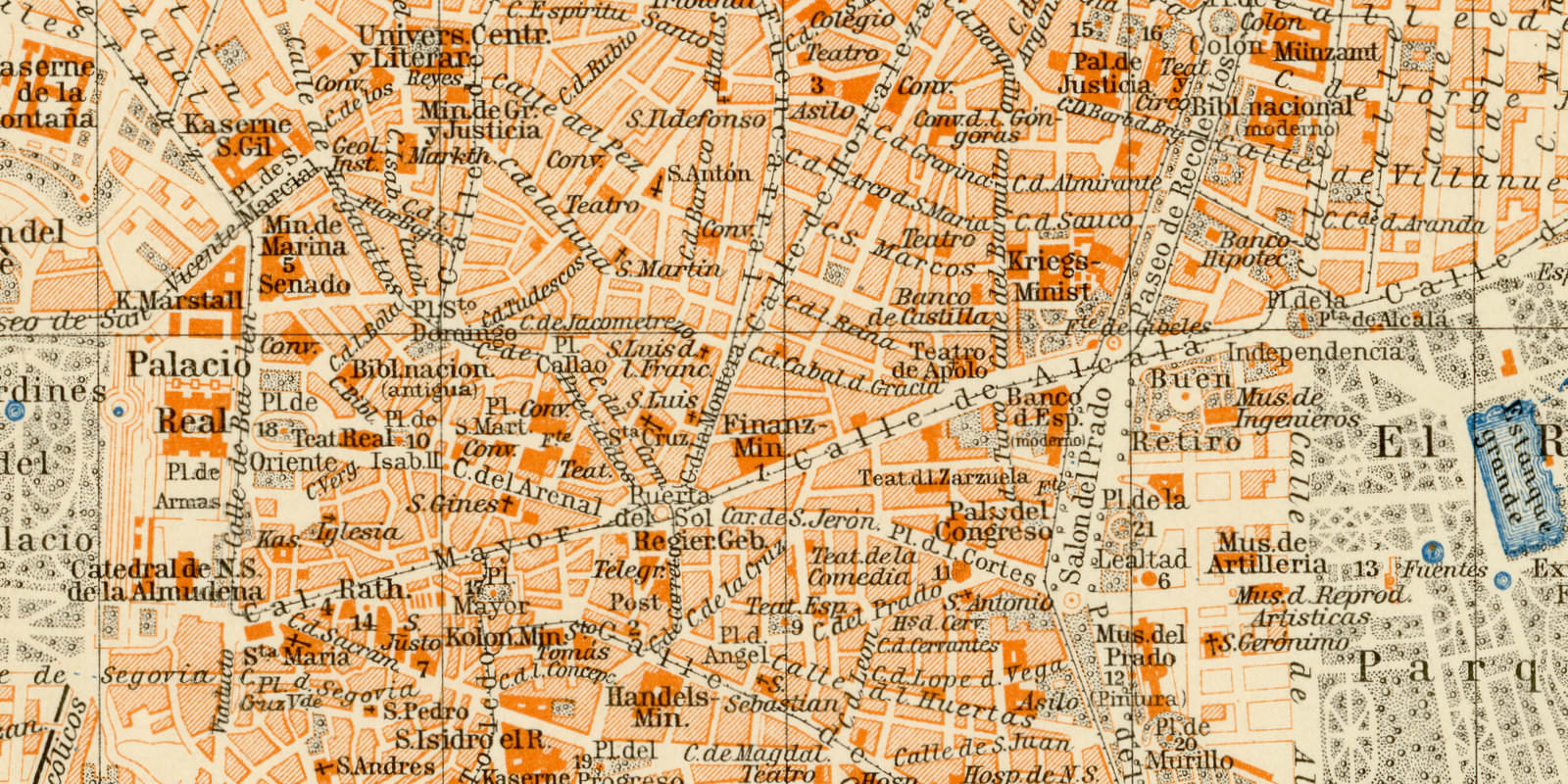 Madrid ca 1896 historischer Stadtplan Lithographie