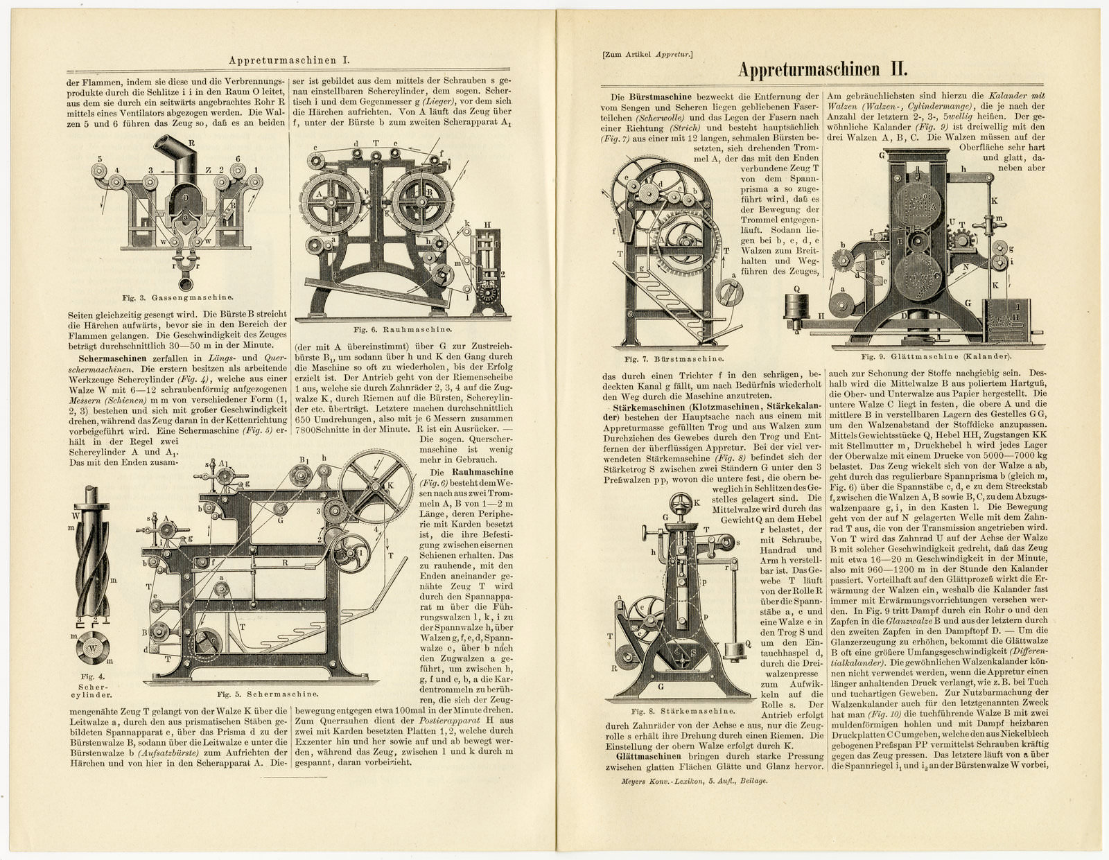 Appreturmaschinen I - II ca 1893 historische Bildtafel Holzstich