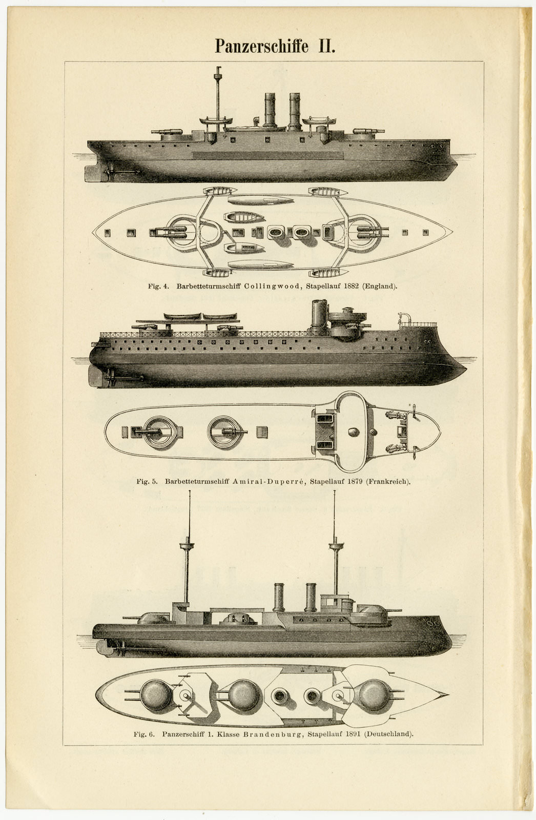 Panzerschiffe I - II ca 1896 historische Bildtafel Holzstich