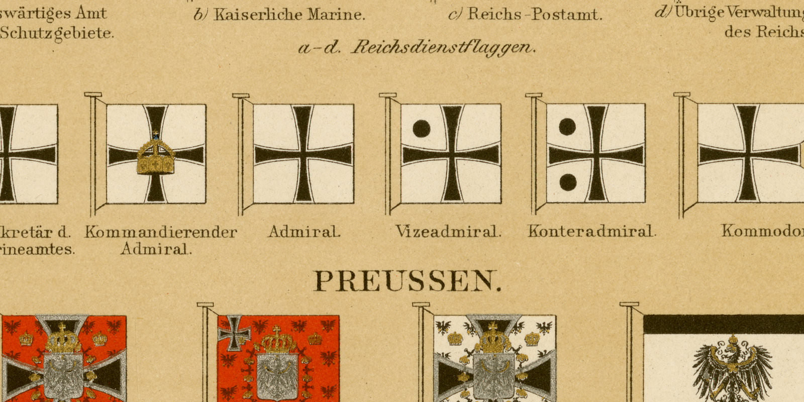 Deutsche Flaggen ca 1901 historische Bildtafel Chromolithographie