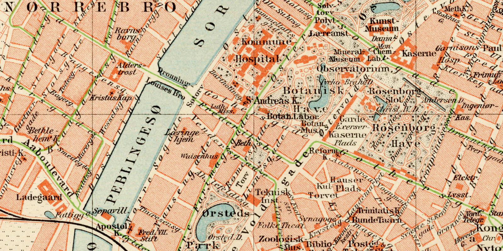 Kopenhagen ca 1904 historischer Stadtplan Lithographie