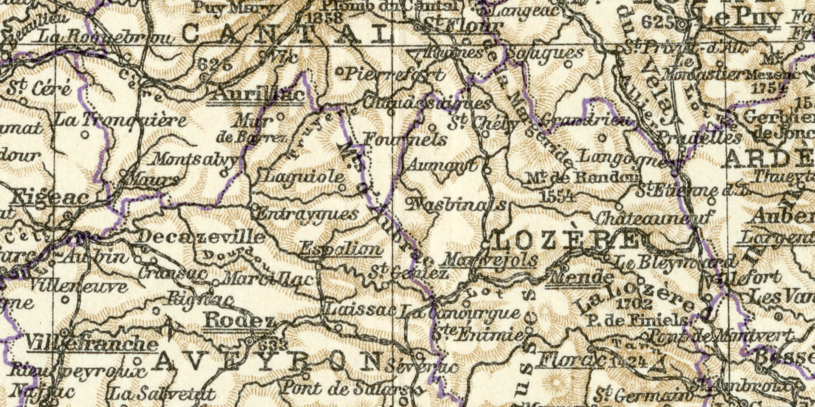 Mittel- und Südfrankreich historische Landkarte Lithographie ca 1911