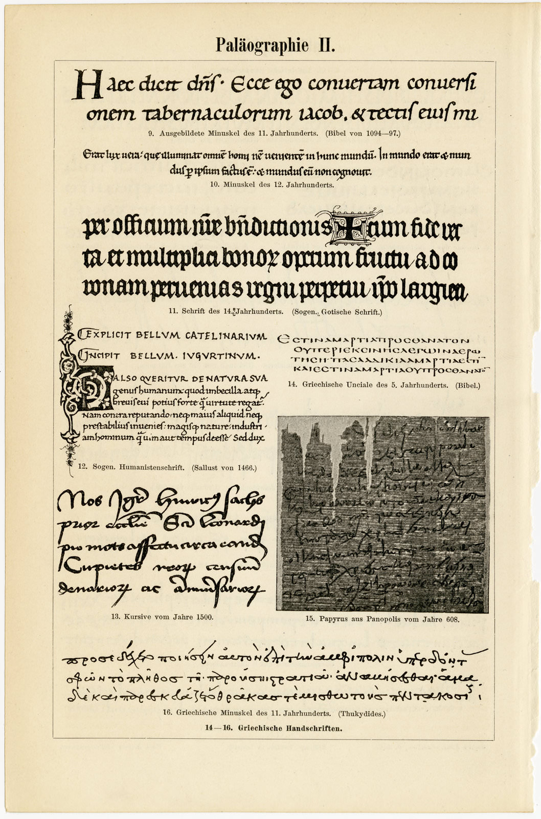 Paläographie I - II ca 1896 historische Bildtafel Holzstich
