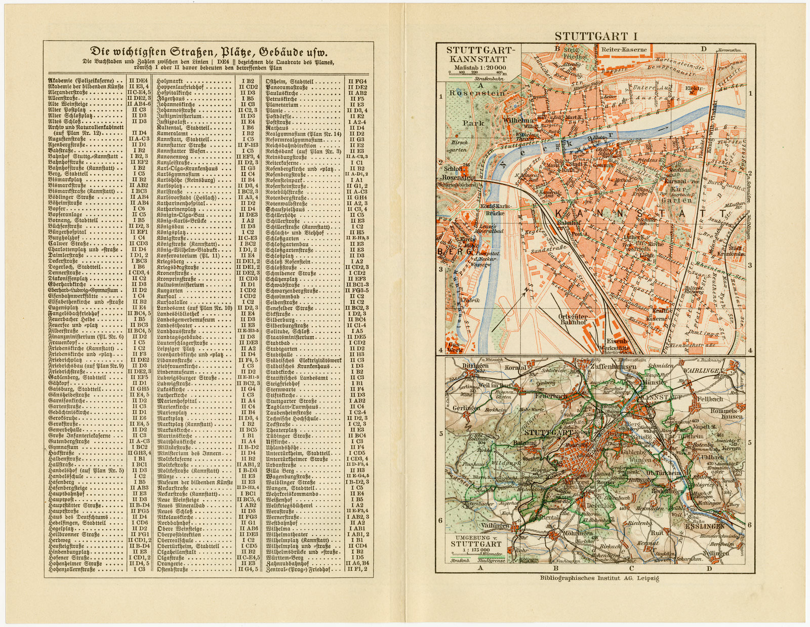 Stuttgart ca 1929 historische Karte Lithographie