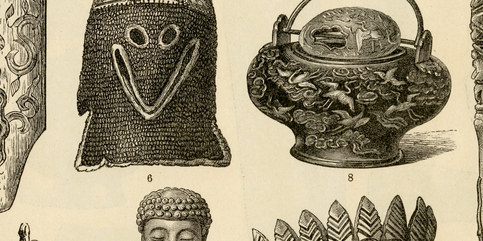 Asiatische Kultur II - III ca 1893 historische Bildtafel Holzstich