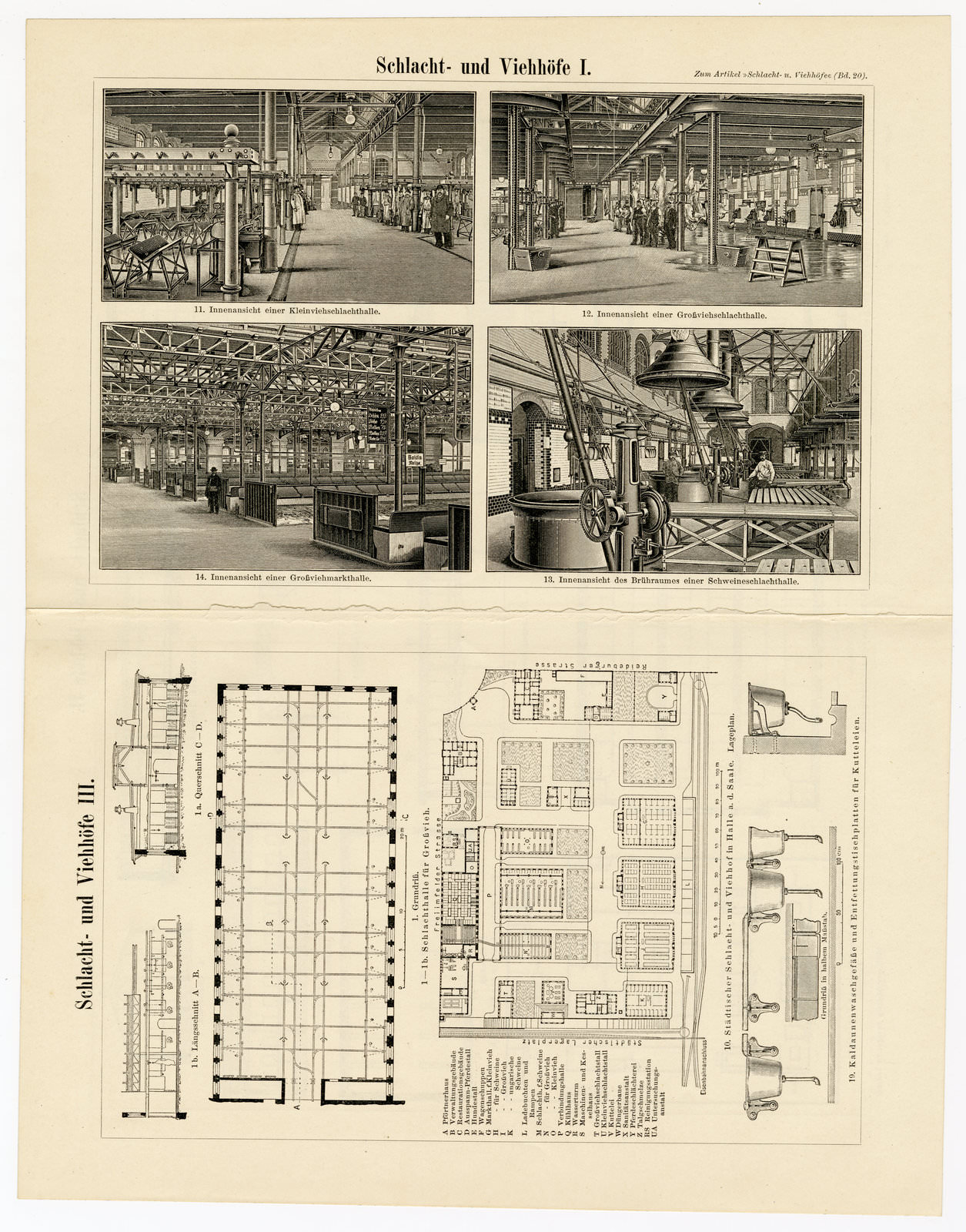 Schlacht- und Viehhöfe I - III ca 1900 historische Bildtafel Holzstich