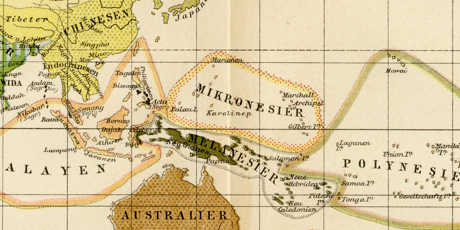 Ethnographische Karte Verbreitung der Menschenrassen ca 1896 historische Karte Lithographie