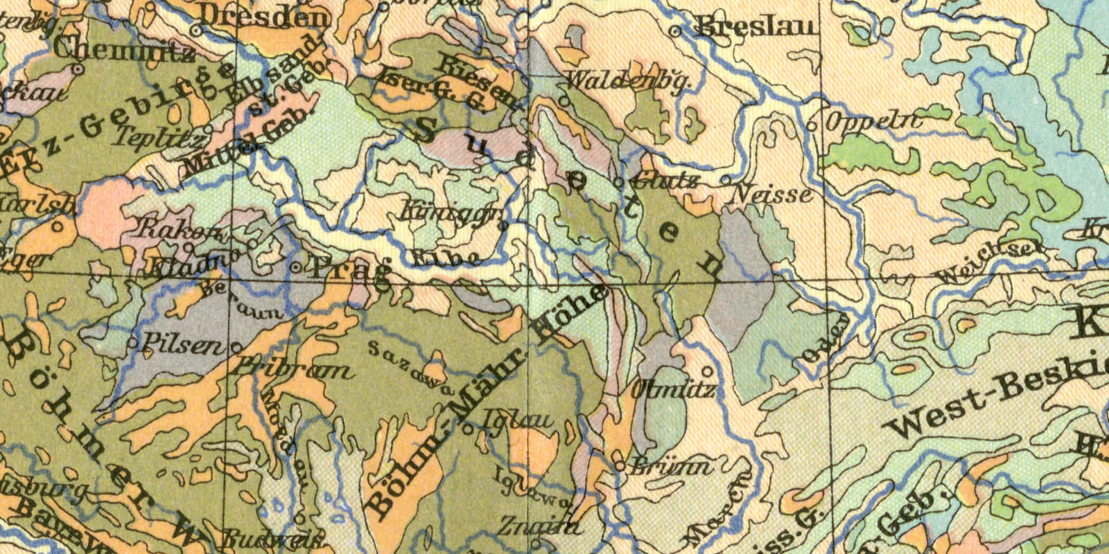 Geologische Karte von Mitteleuropa historische Landkarte Lithographie ca 1907