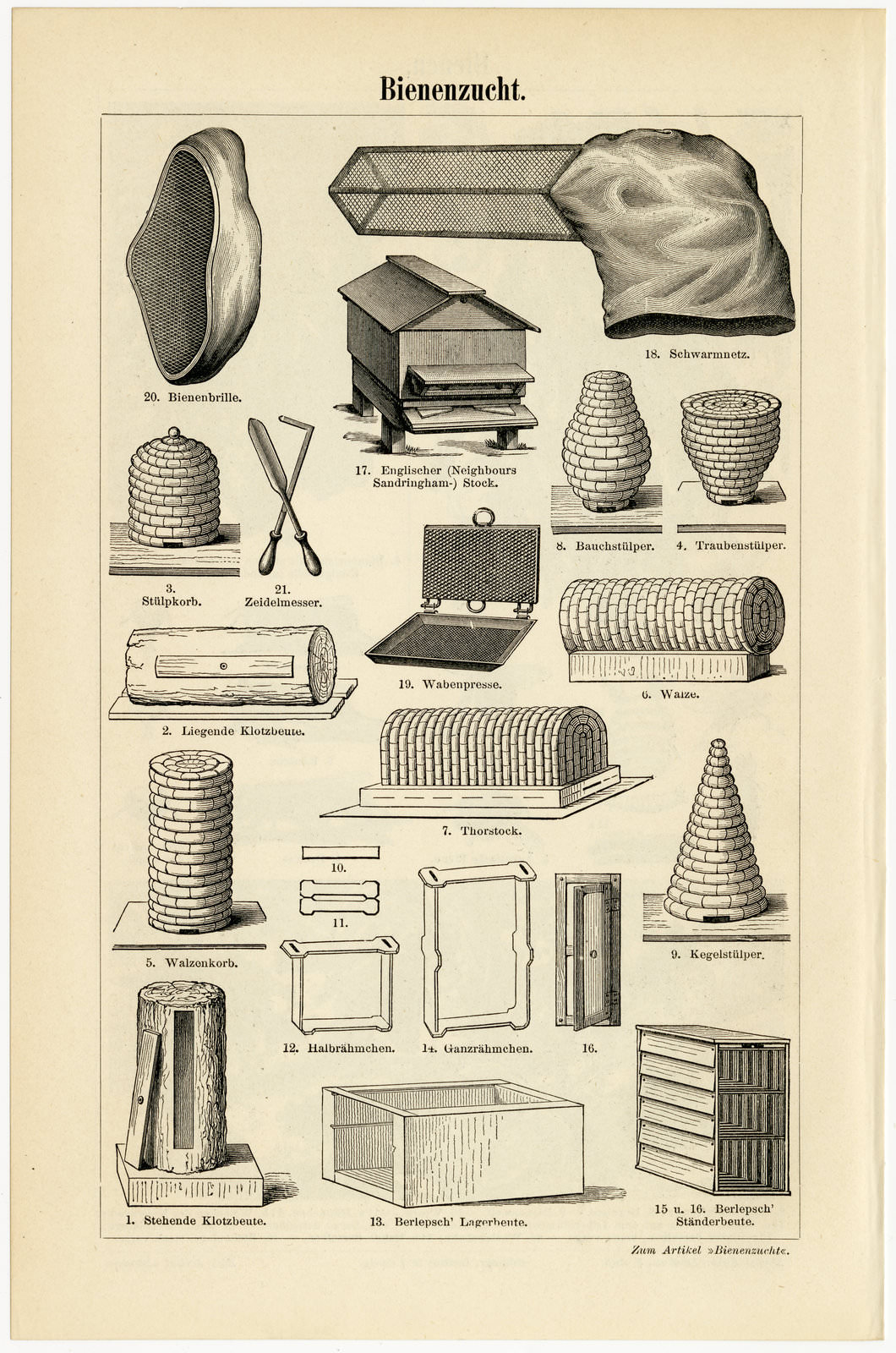Bienen Bienenzucht ca 1893 historische Bildtafel Holzstich