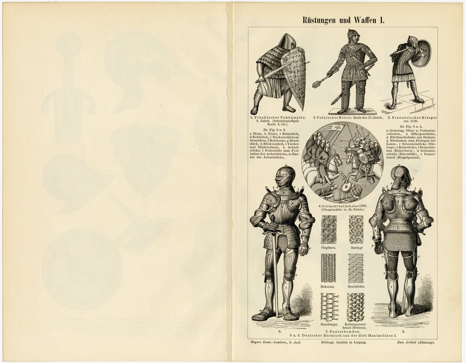 Rüstungen und Waffen I - II ca 1897 historische Bildtafel Holzstich