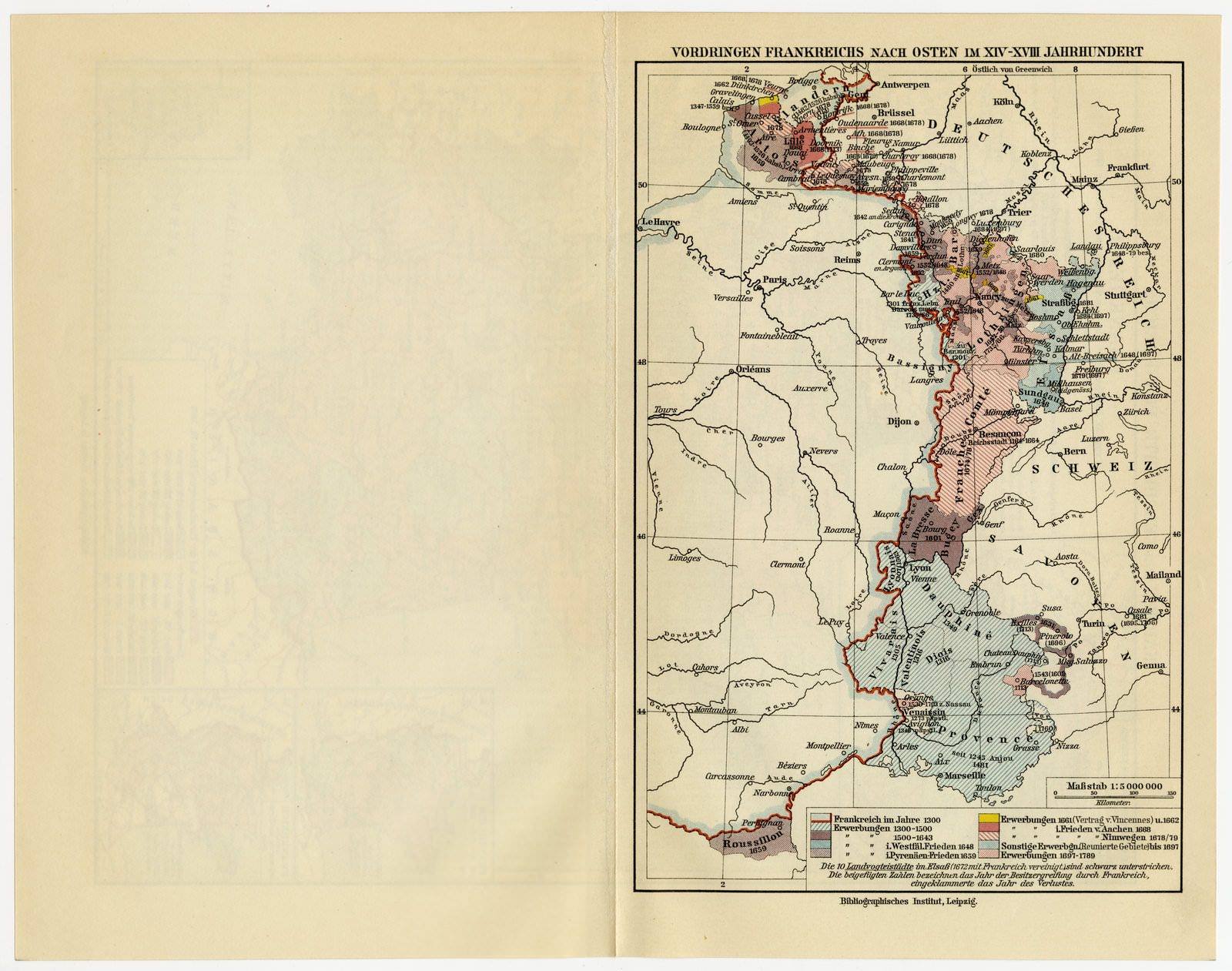 Frankreich Geschichte - Vordringen nach Osten ca 1926 historische Karte Lithographie
