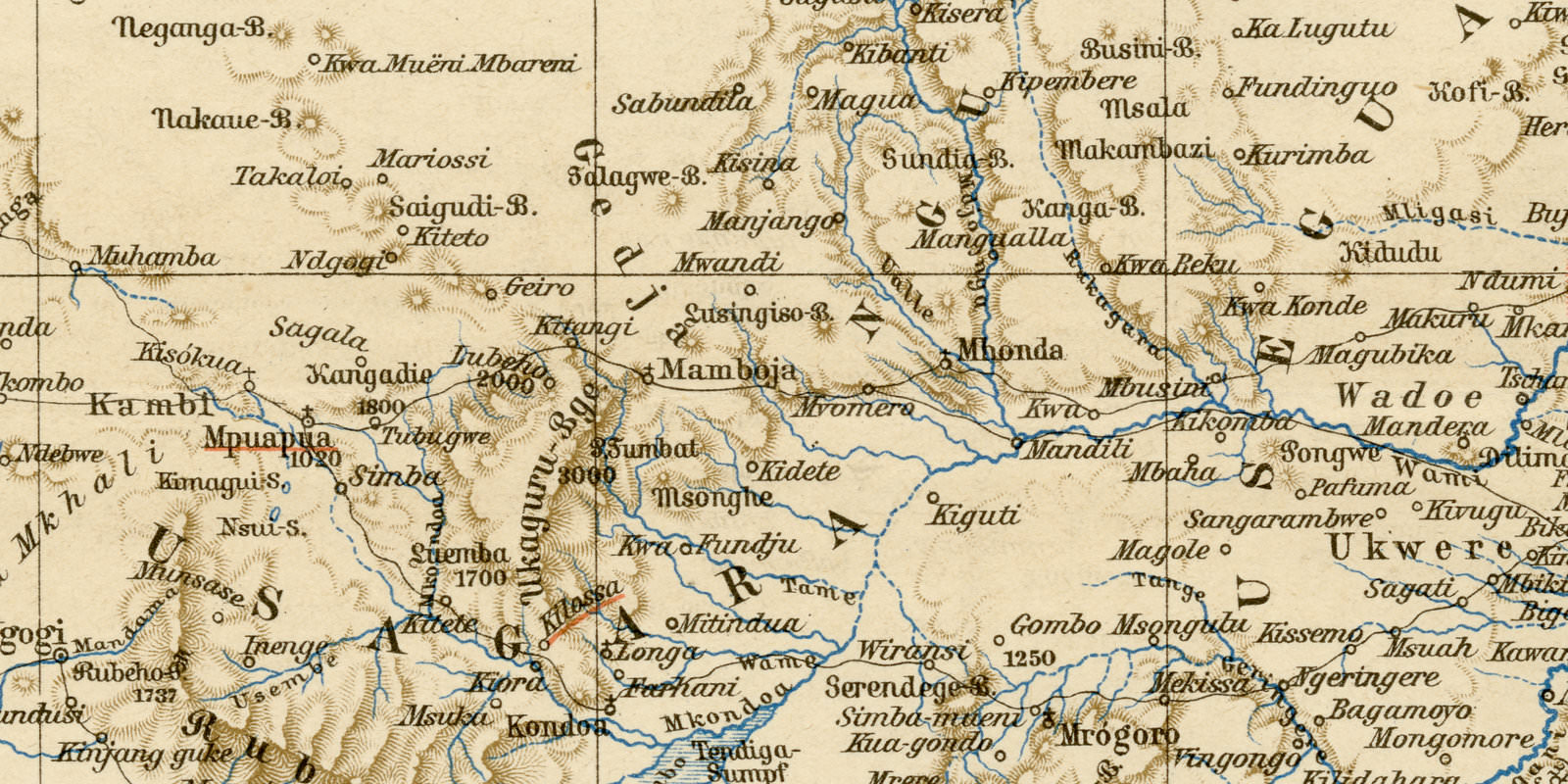 Deutsch Ostafrika Östliche Hälfte ca 1893 historische Karte Lithographie