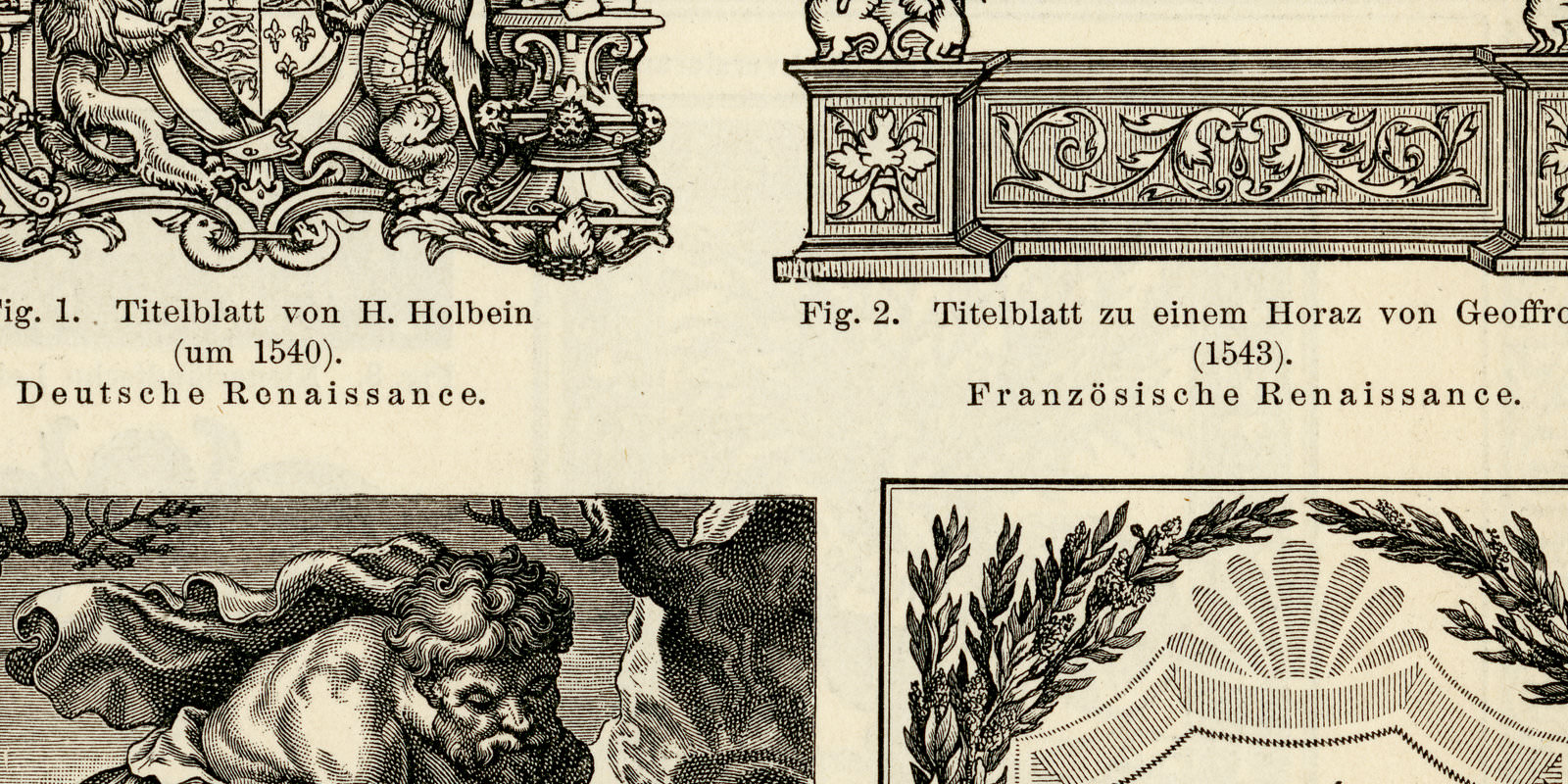 Buchverzierung I - II ca 1893 historische Bildtafel Holzstich