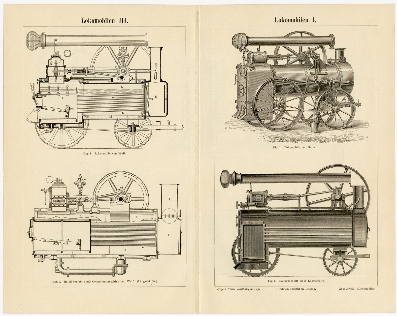 Lokomobilen I - III ca 1896 historische Bildtafel Holzstich