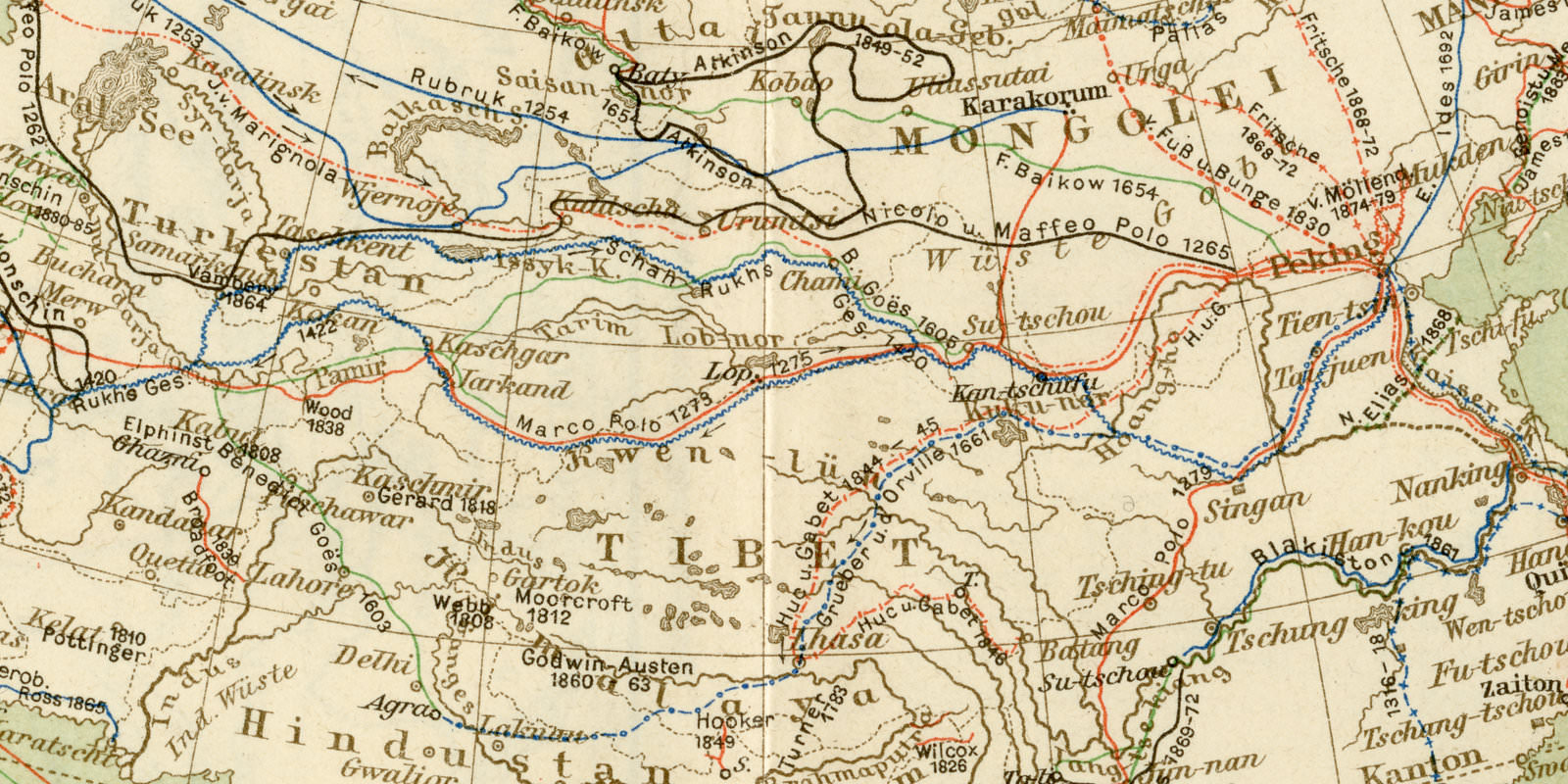 Asien Forschungsreisen Mittelalter und Neuzeit ca 1893 historische Karte Lithographie