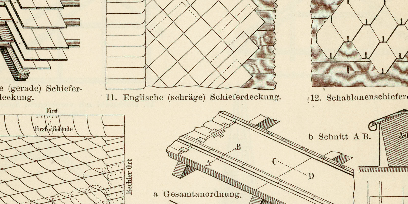 Dachdeckung Dachstühle ca 1894 historische Bildtafel Holzstich