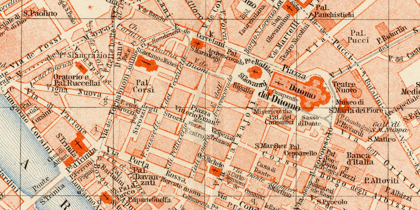 Florenz ca 1897 historischer Stadtplan Lithographie