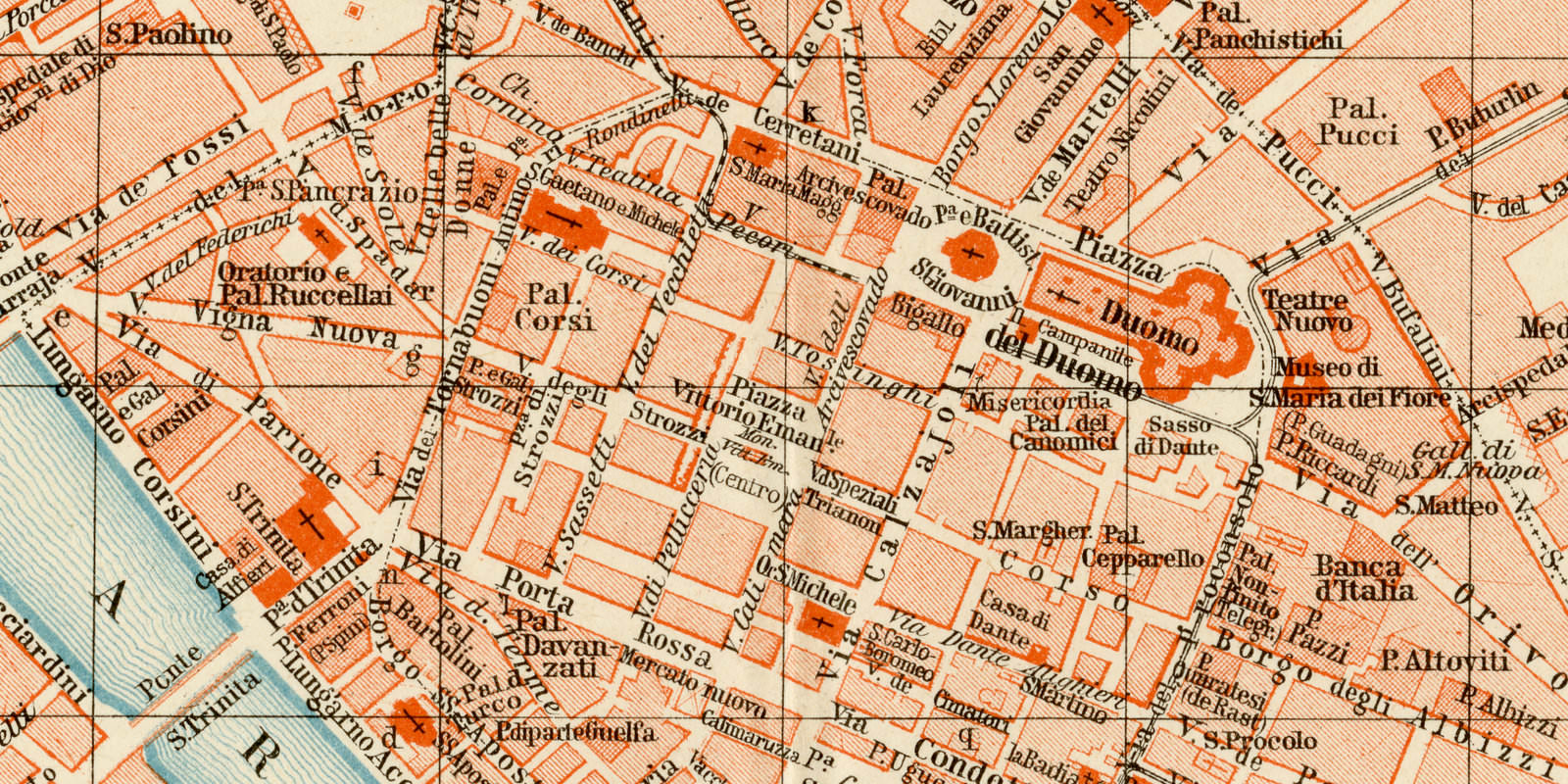 Florenz ca 1899 historischer Stadtplan Lithographie