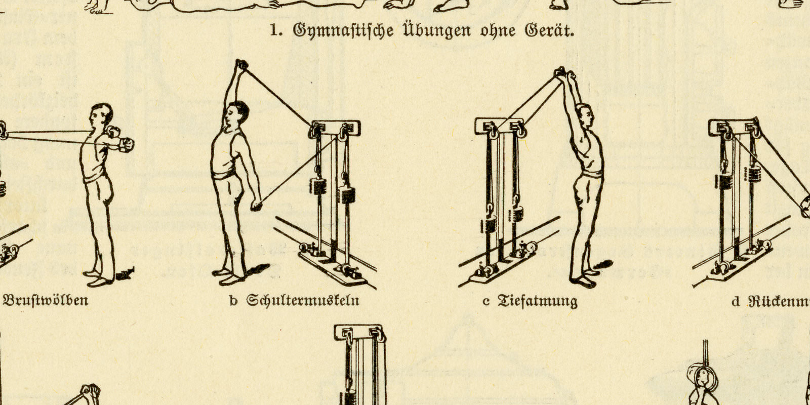 Zimmergymnastik ca 1930 historische Bildtafel Holzstich