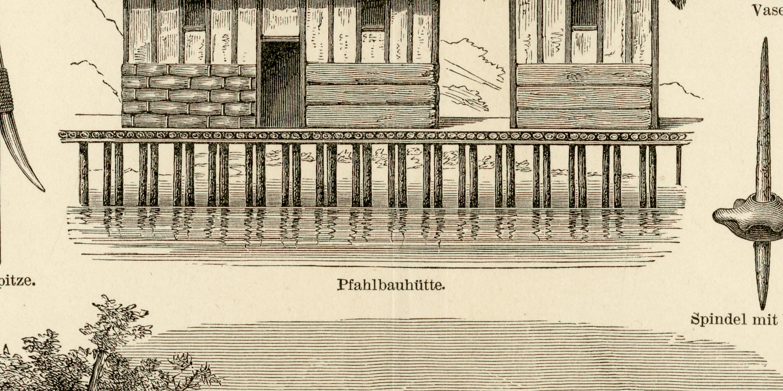 Pfahlbauten ca 1896 historische Bildtafel Holzstich