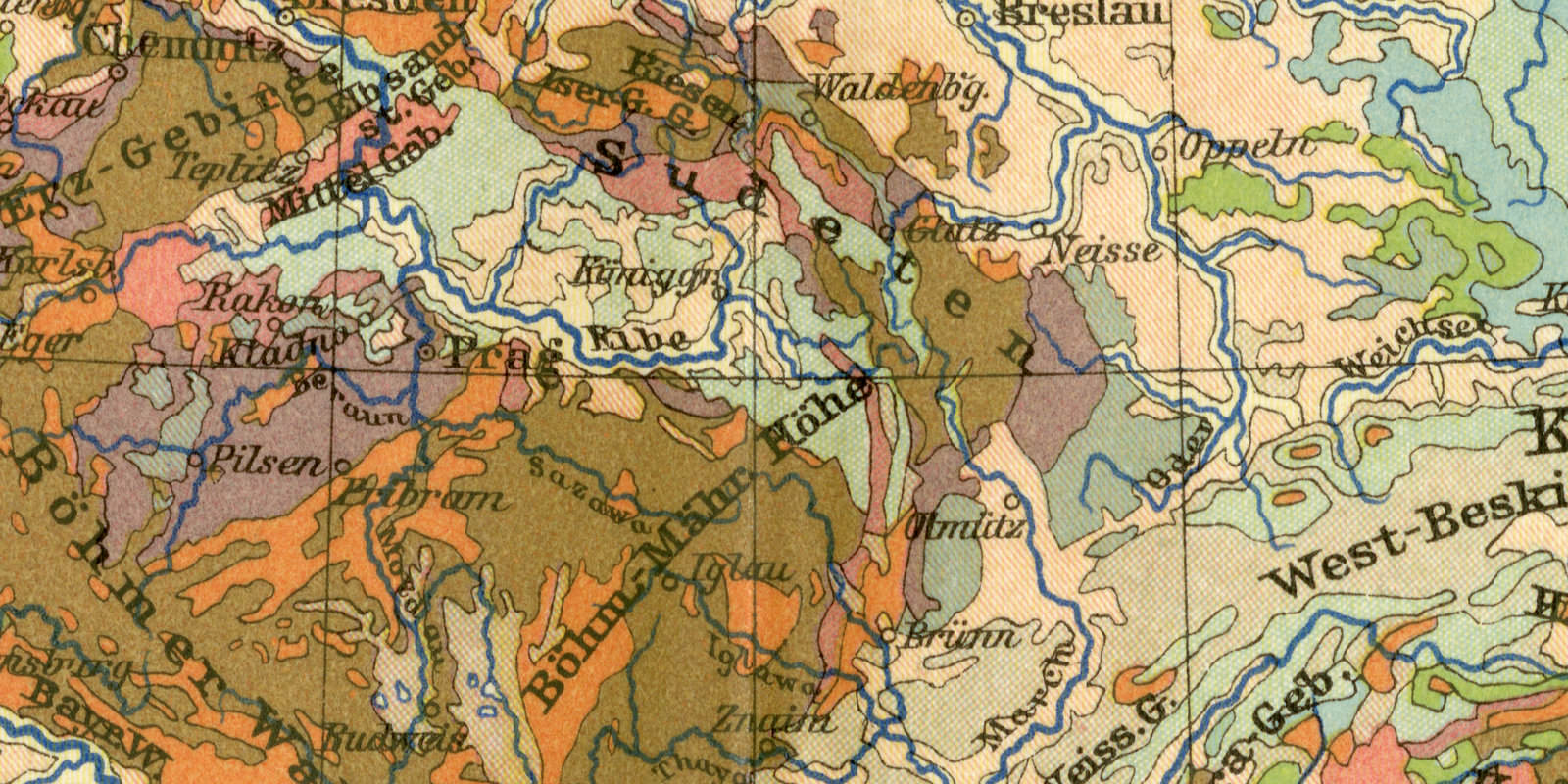 Geologische Karte von Mitteleuropa historische Landkarte Lithographie ca 1904