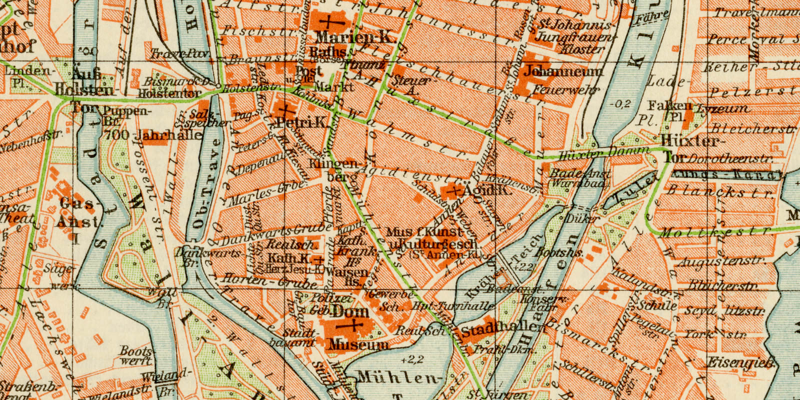 Lübeck ca 1927 historische Karte Lithographie