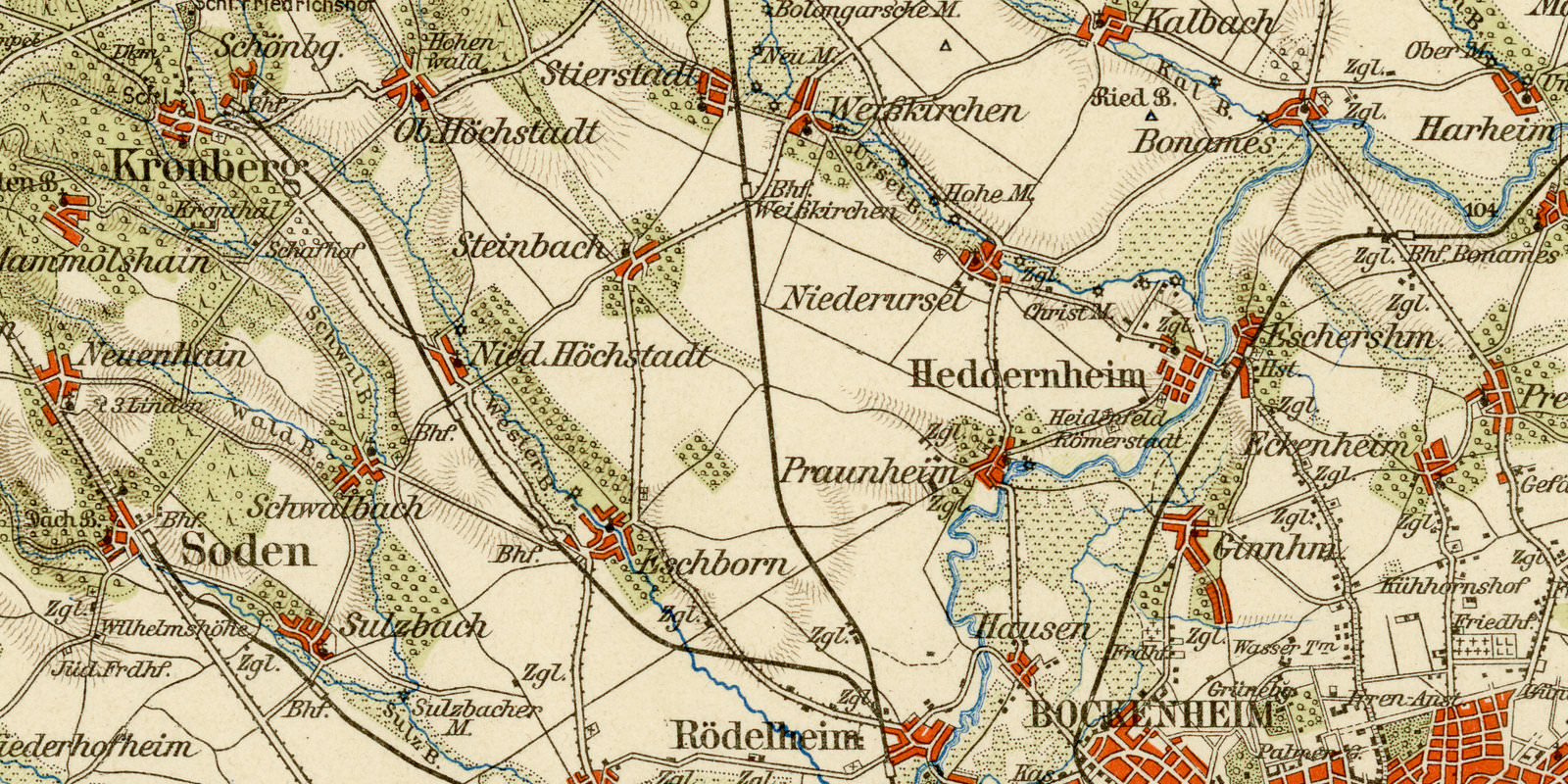 Frankfurt a M Umgebung ca 1893 historische Karte Lithographie